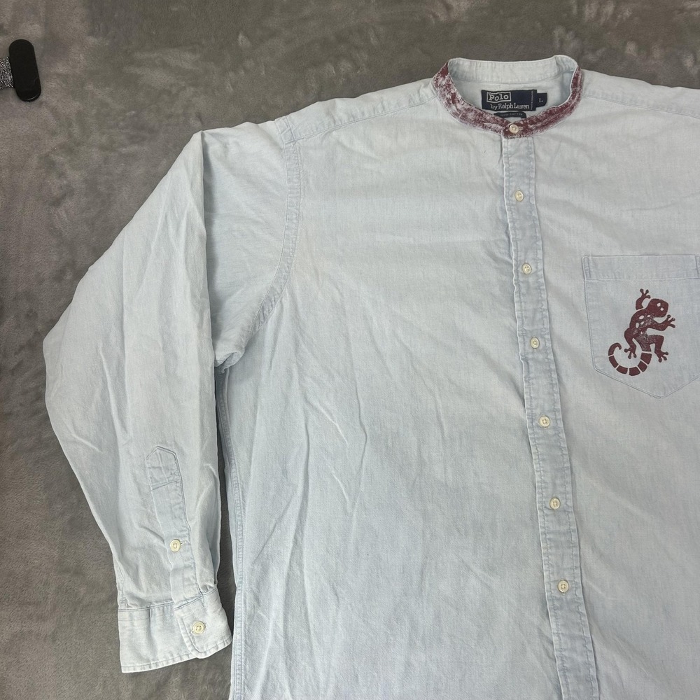 Polo Ralph Lauren Shirt Mens Large Blue Chambray Lizard Pocket Band Collar - Picture 6 of 16